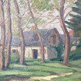 Old oil on canvas, wooded landscape with house, gilded frame.