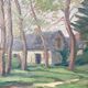 Old oil on canvas, wooded landscape with house, gilded frame.
