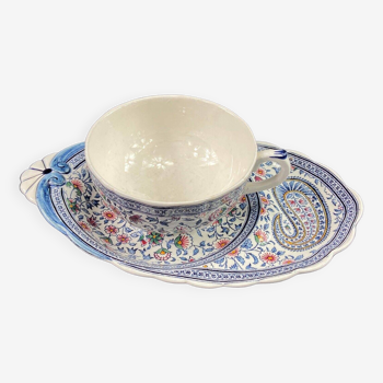 Déjeuner tartine tasse et sa grande sous-tasse faïence de Gien décor Cachemire