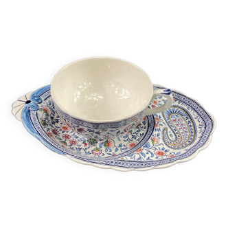 Déjeuner tartine tasse et sa grande sous-tasse faïence de Gien décor Cachemire