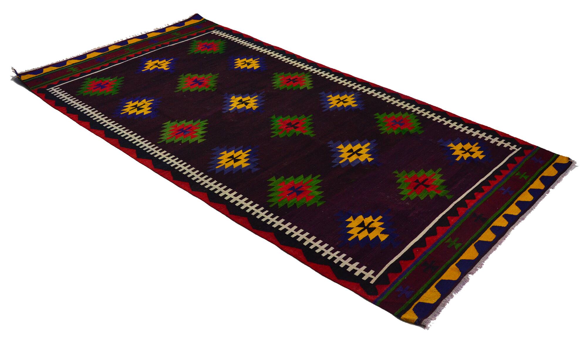 Turkish Kilim Yuruk Vintage 173x342 cm Geometric Red Green Yellow