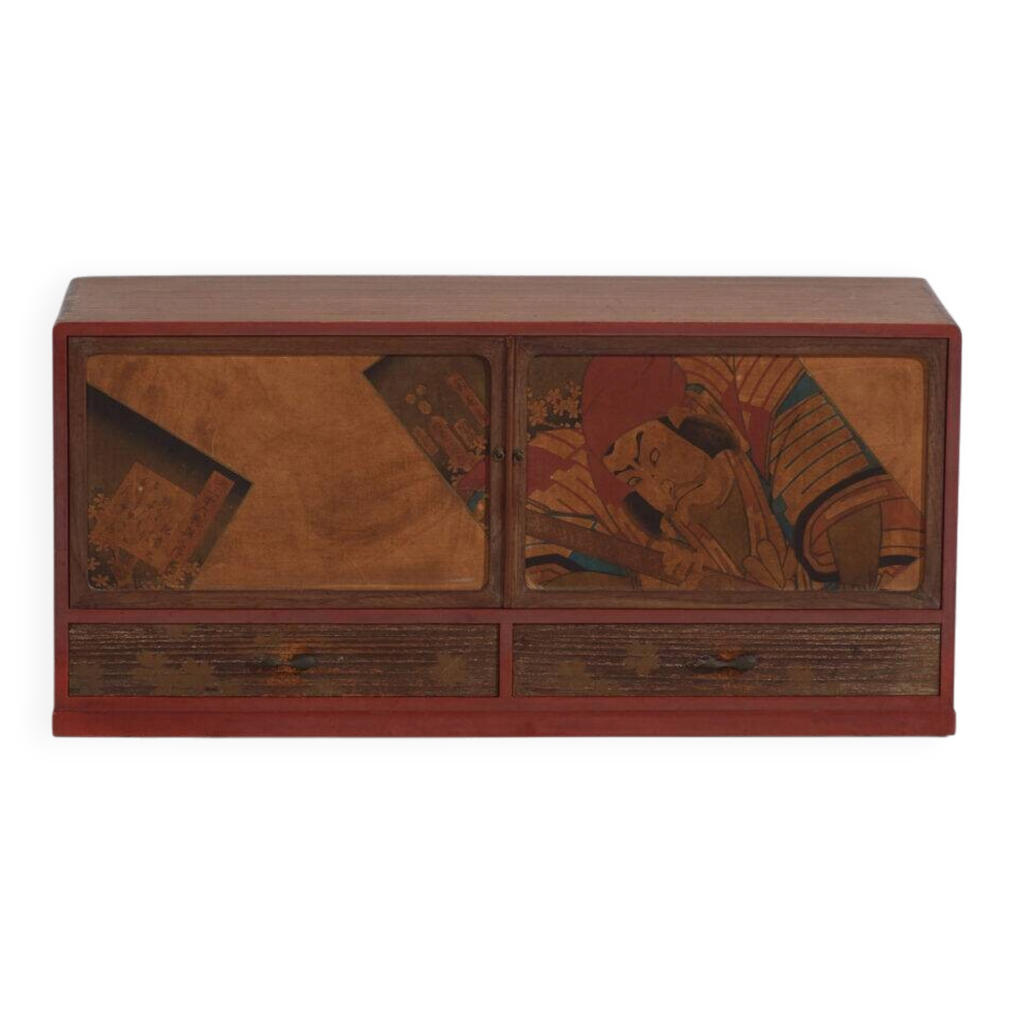 Small Japanese cabinet with sliding doors, Kabuki decoration, made of paulownia wood, early Showa period, circa 1926–1970.