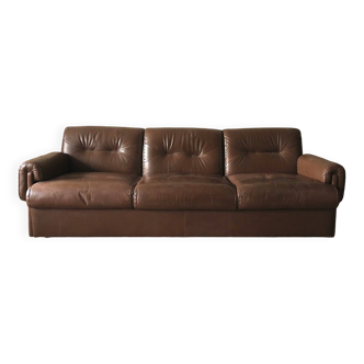 Mid-century 3-seater sofa in brown stitched leather after Vavassori, Italy 1970s