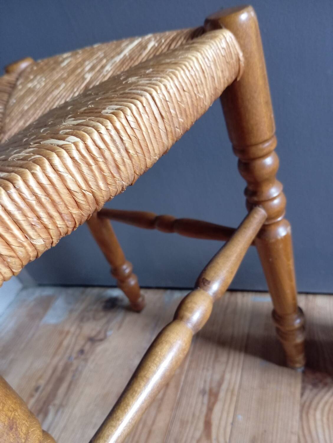 Turned wood stool, straw seat, vintage countryside