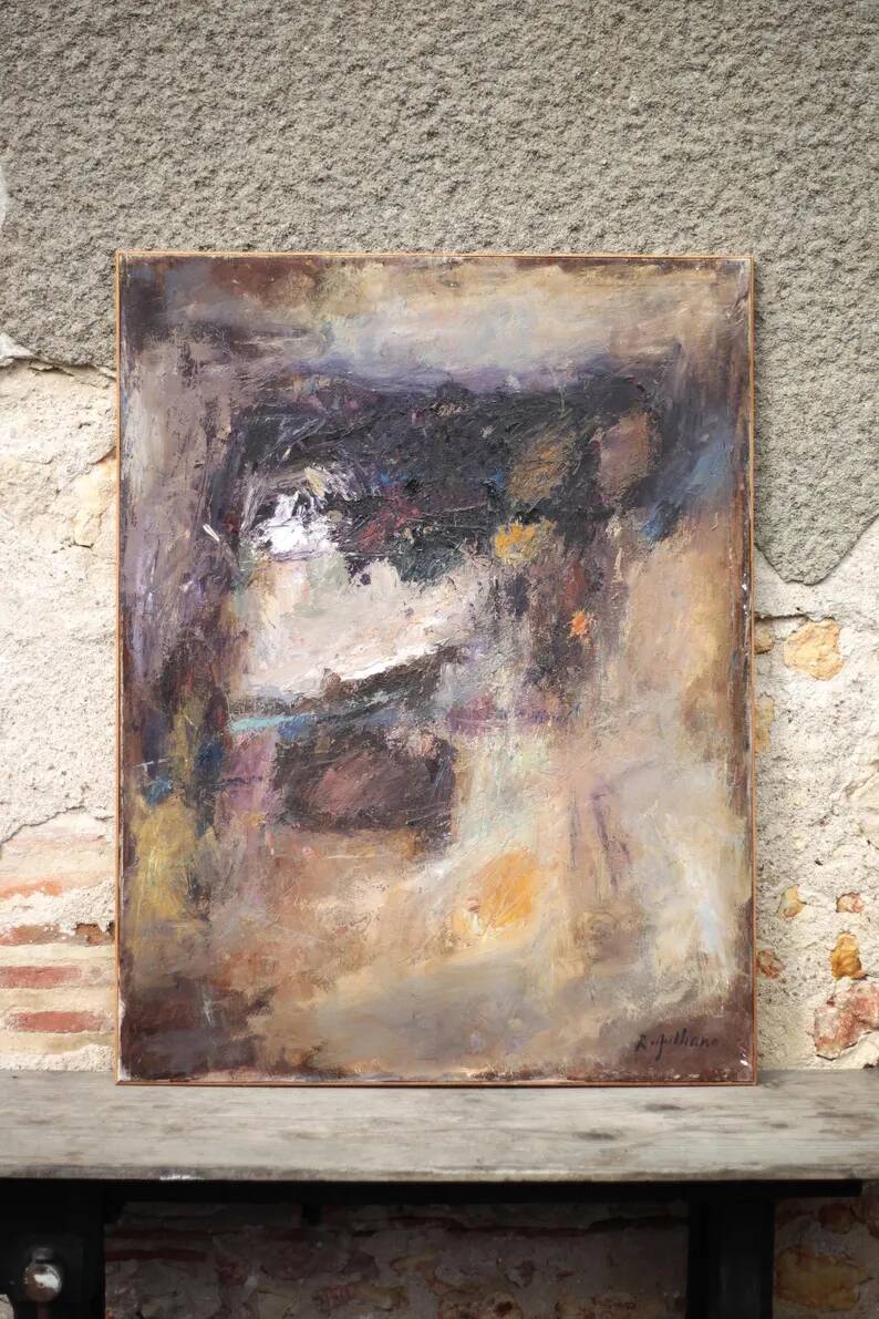 Oil on canvas signed Raymond Galliano, abstract composition, large wall painting, interior decoration.