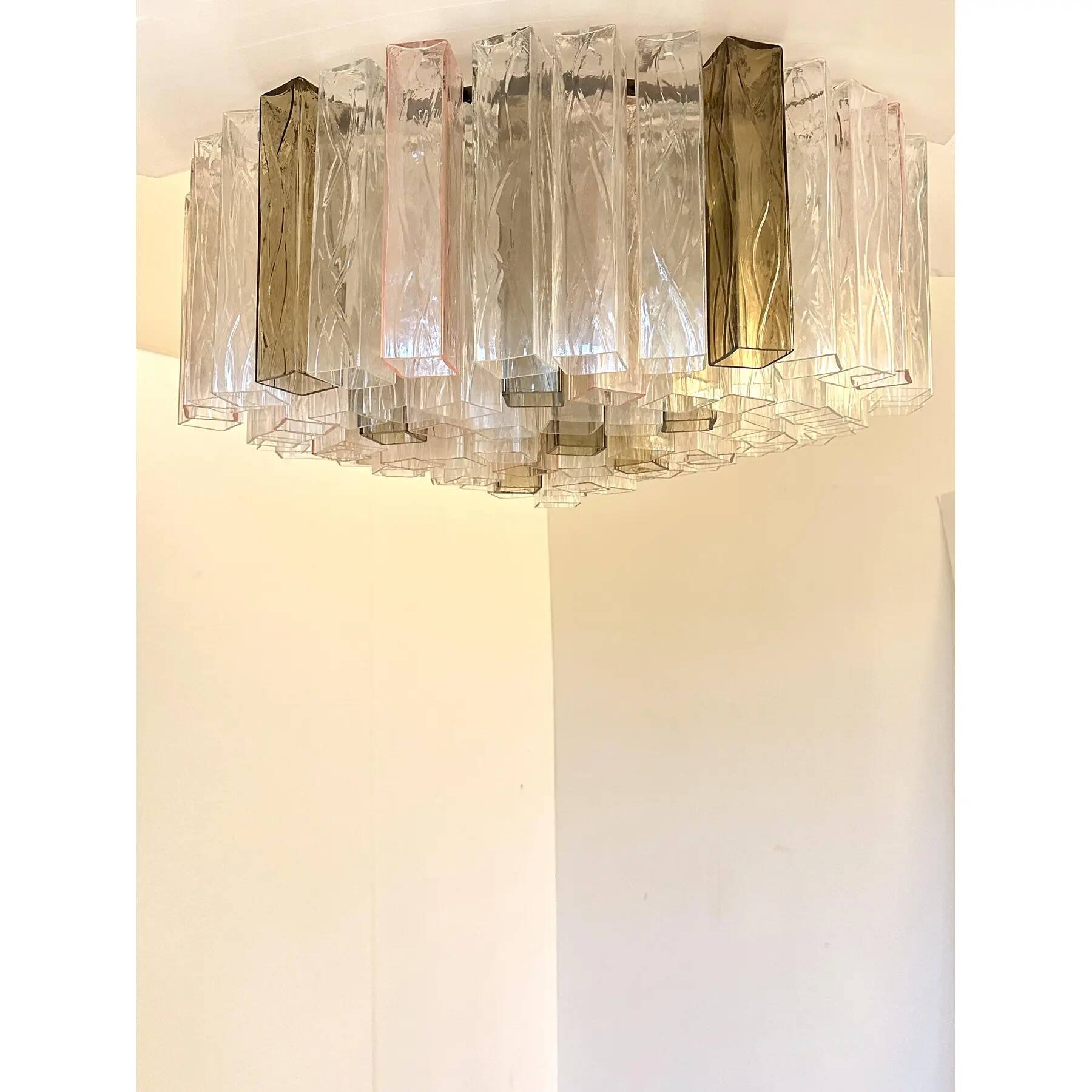 Contemporary Clear, Pink and Fumè “Squares” Murano Glass Flush Mount