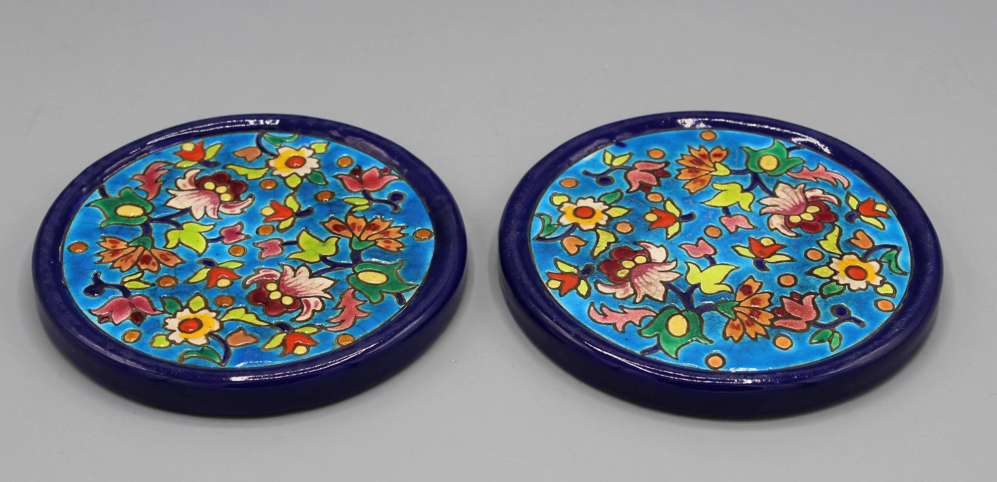 2 beautiful ceramic bottle coasters longwy enamels floral decor