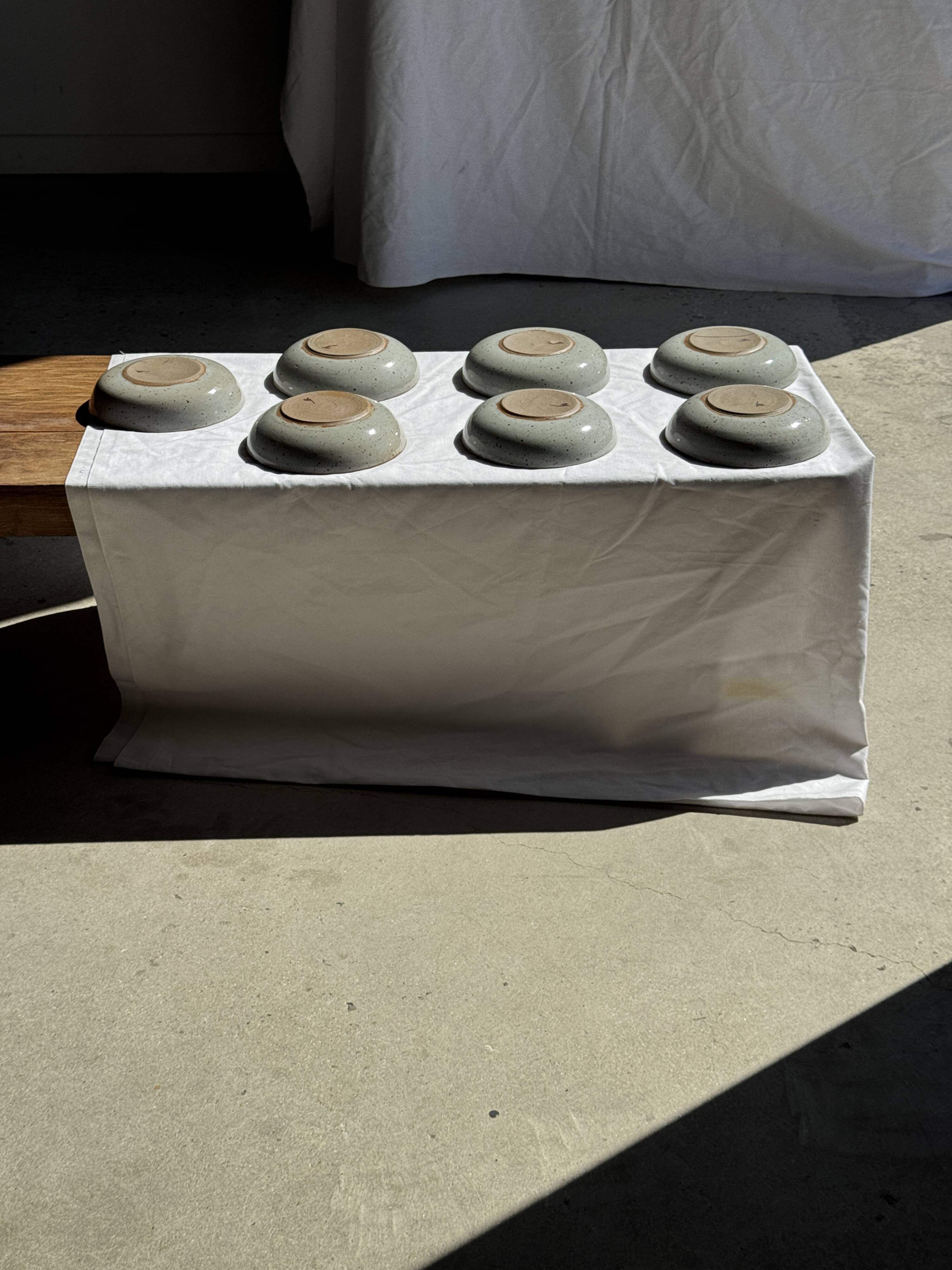 Set of 7 handmade grey glazed ceramic deep plates D18.5 H5.