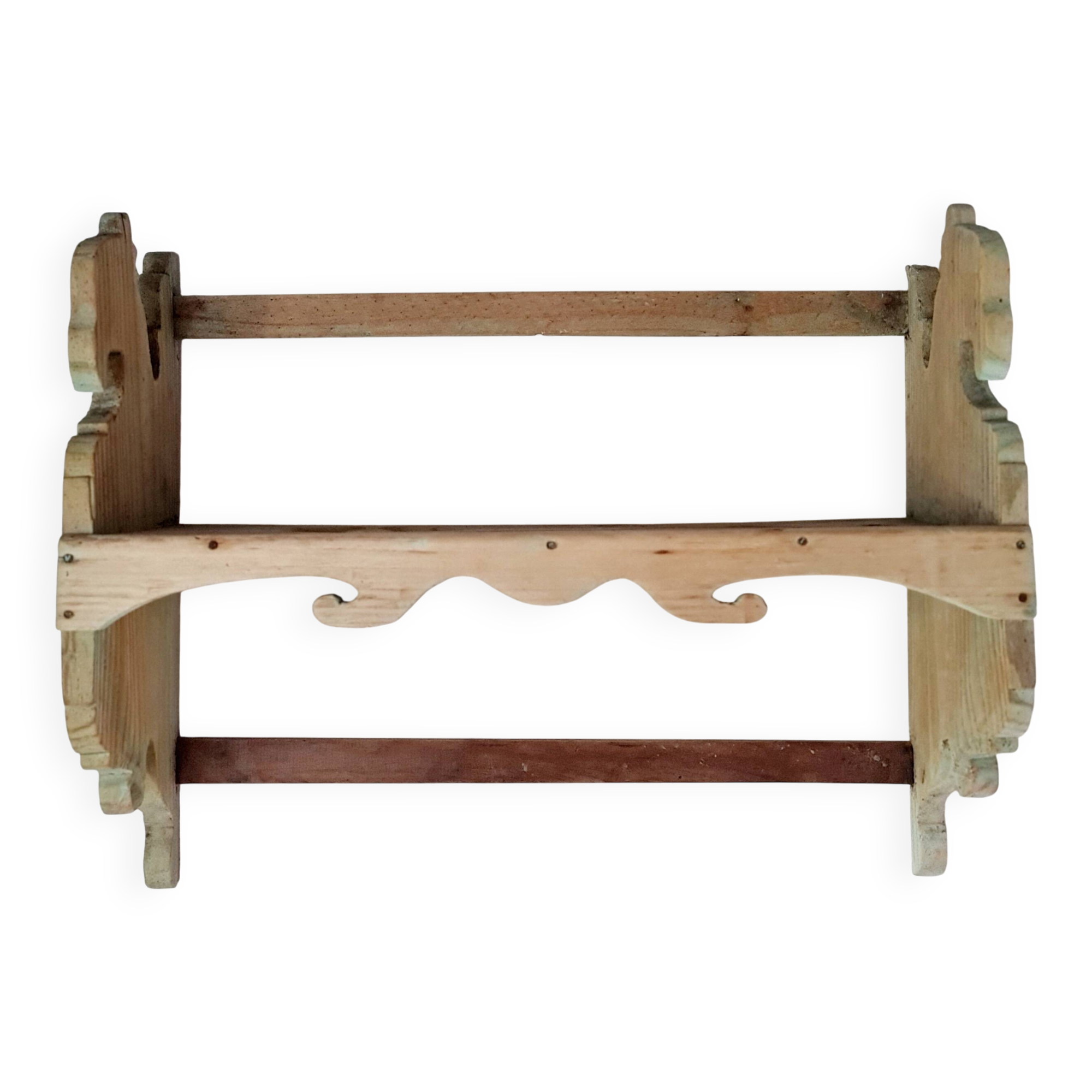 Antique wall shelf in raw wood - patinated green