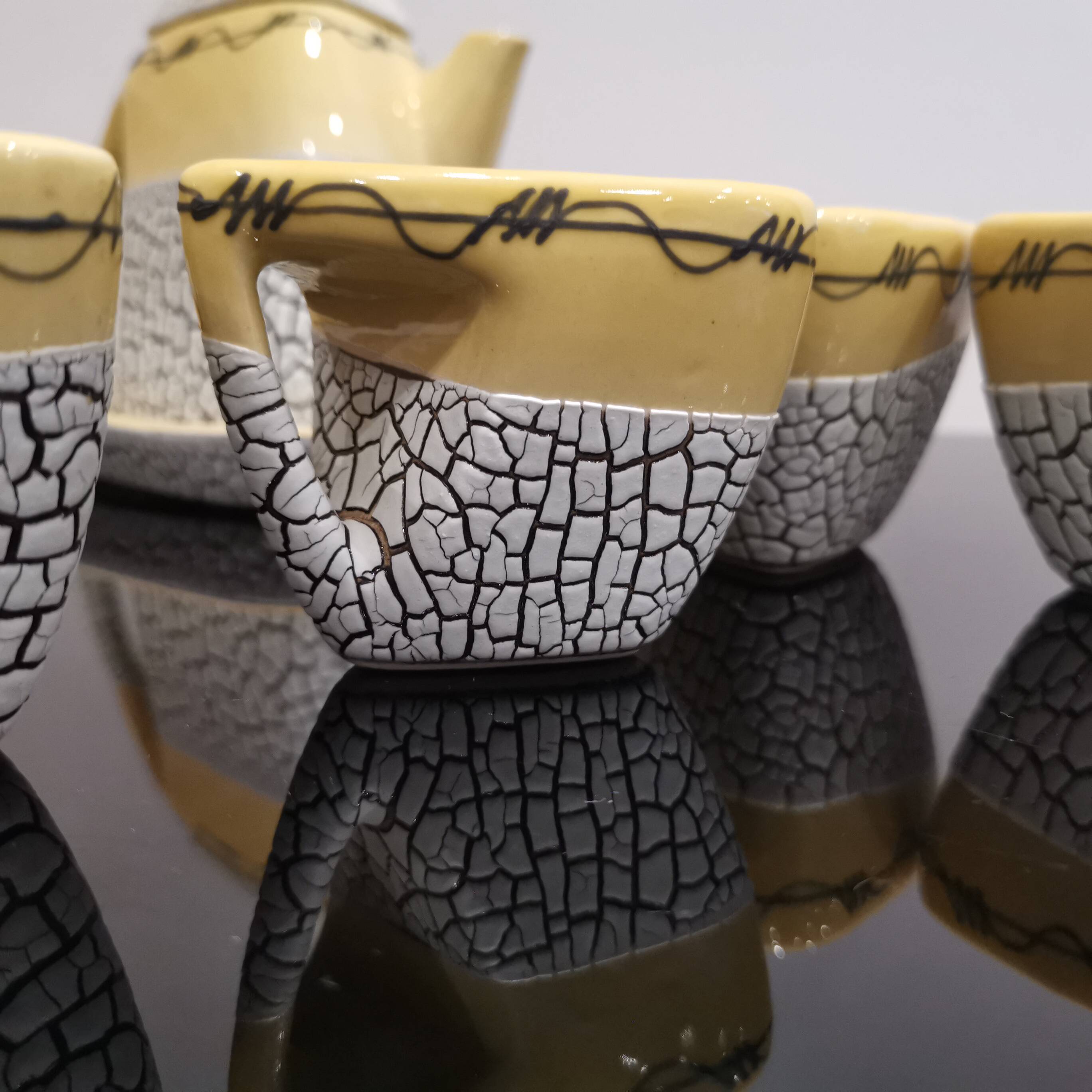 Cracked yellow Bat Trang tea set made in Vietnam