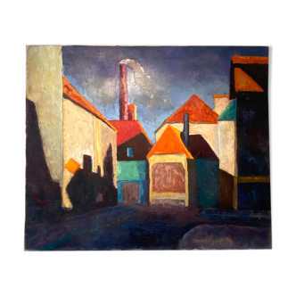 Old painting, cityscape signed and dated 79