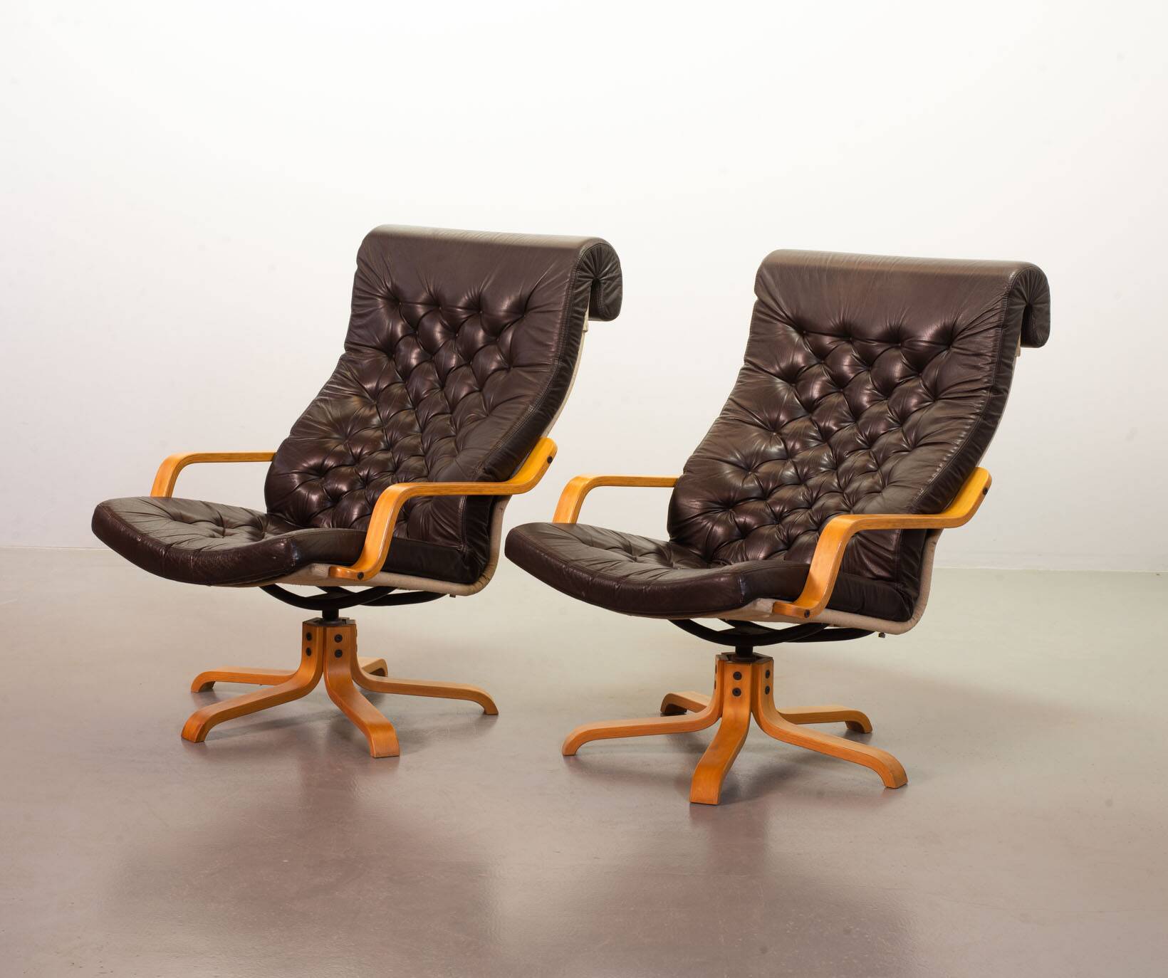 Noboru Nakamura Design Chocolate Brown Padded Leatherette Swivel Chairs 70s