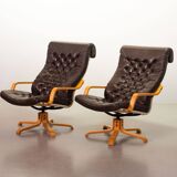 Noboru Nakamura Design Chocolate Brown Padded Leatherette Swivel Chairs 70s