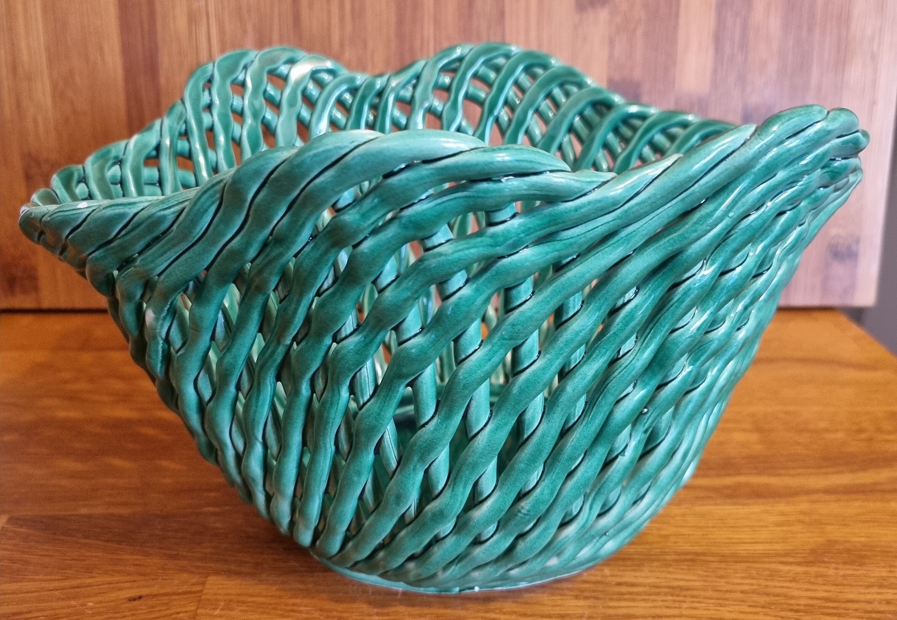 Vintage pot cover in woven slip green basket