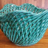 Vintage pot cover in woven slip green basket