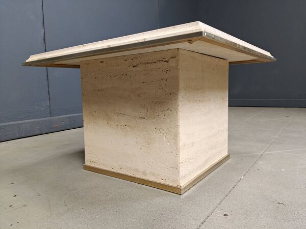 Table basse vintage en travertin et laiton par Fedam, années 1970