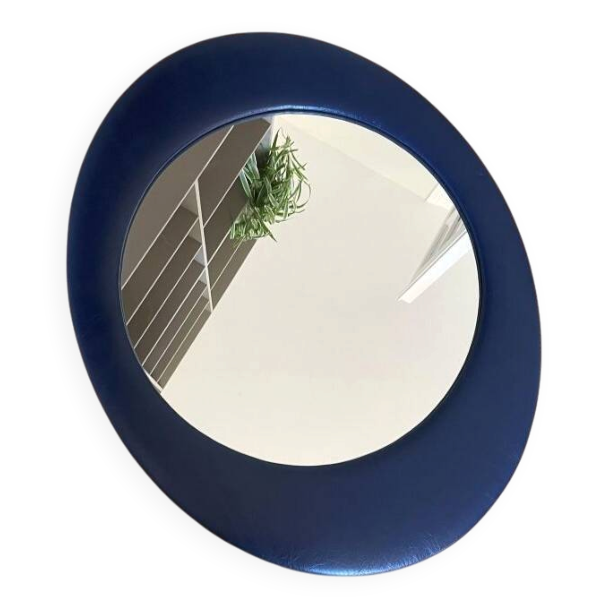 Oval wall mirror 1970s blue faux leather