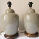 Pair of celadon crackle ceramic lamp bases decorated with flowers.
