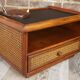 Pair of wooden bedside tables, rattan, canning and faux black leather