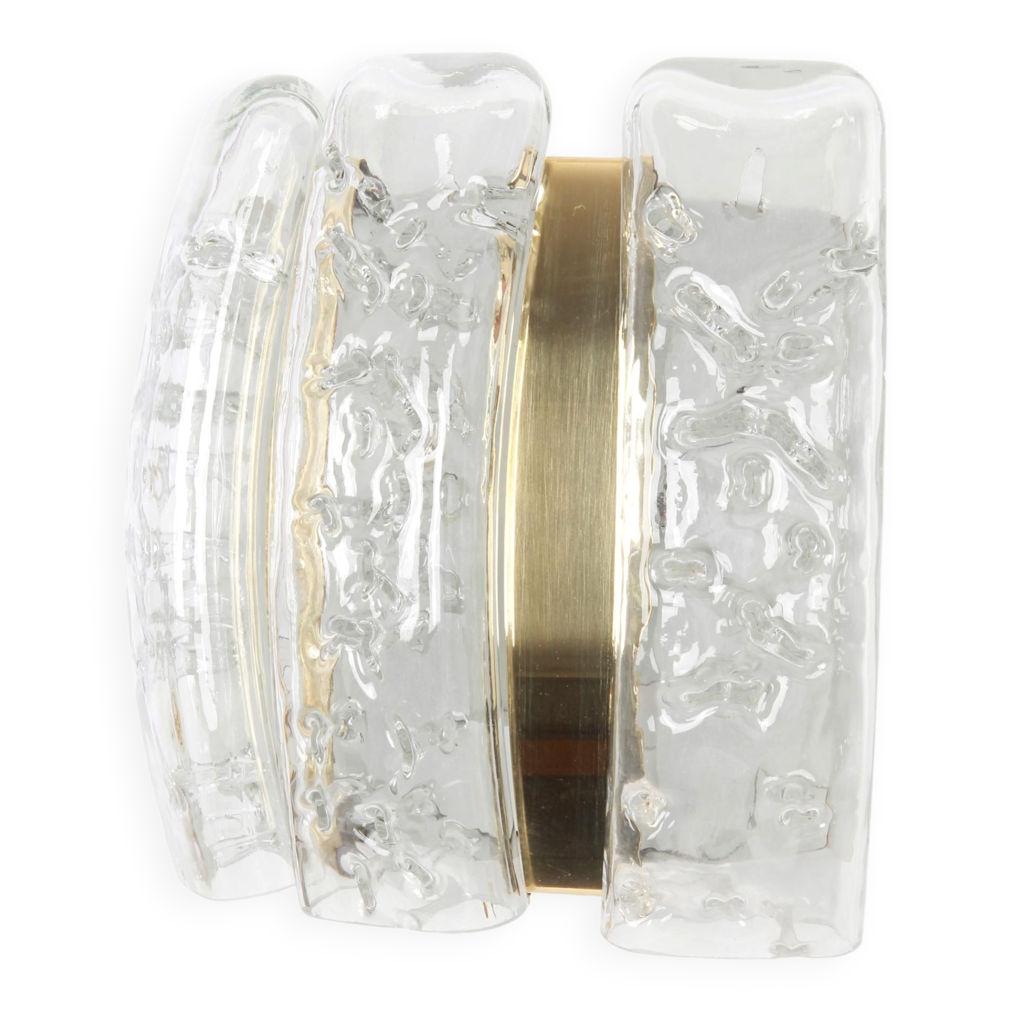 Pair of wall sconces in brass or ice glass by Doria, Germany, 1960s.