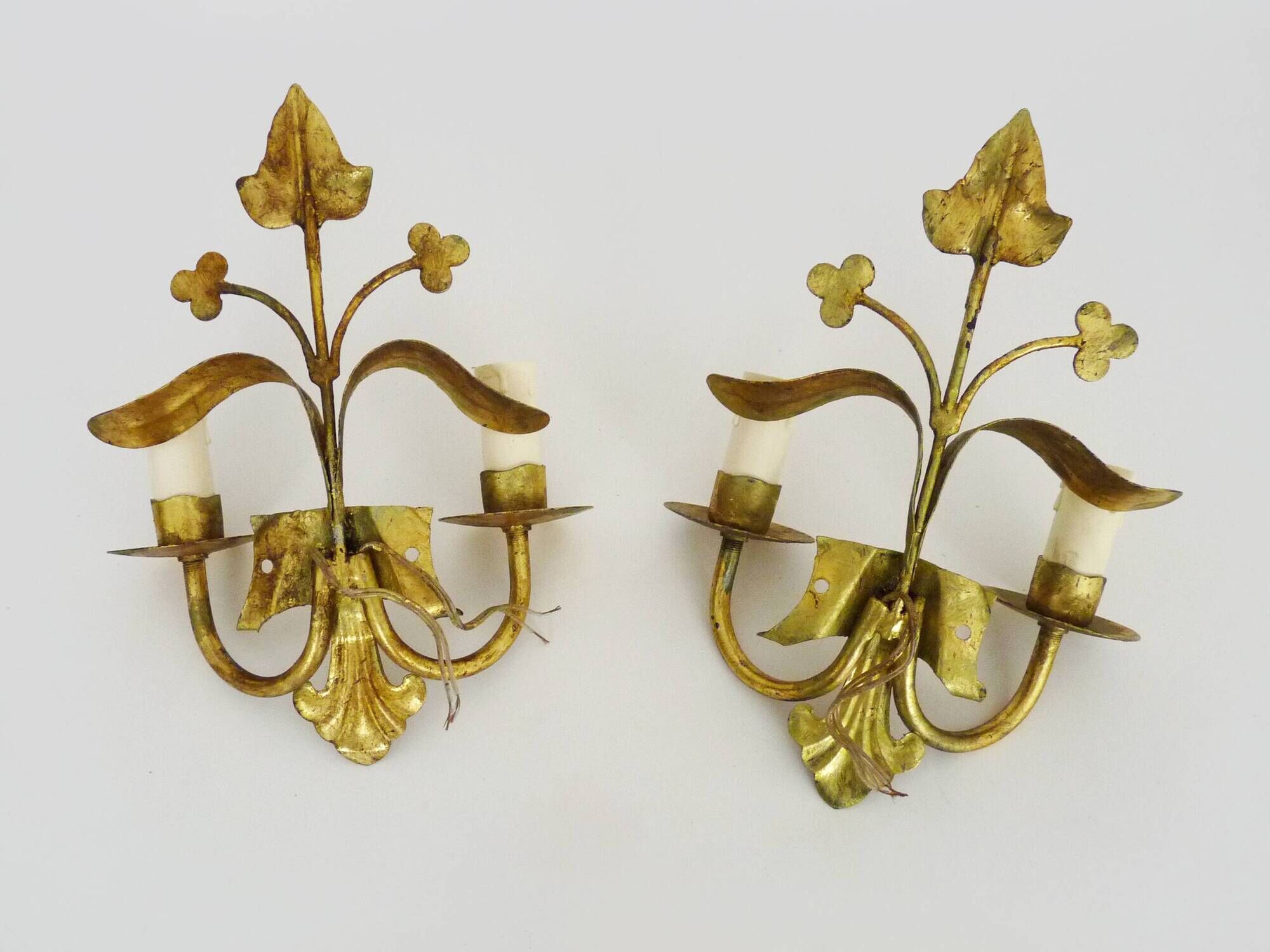 Pair of Italian wall lights with 2 gold leaf gilded arms. 70s 80s