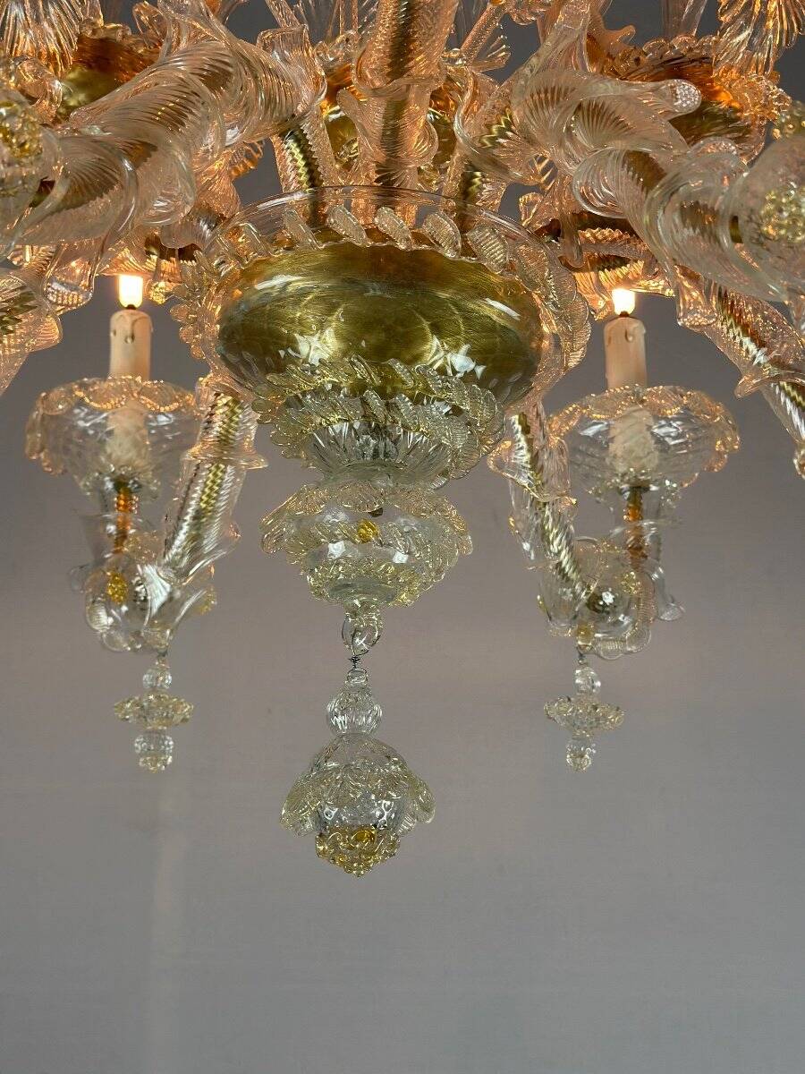 Venetian rezzonico chandelier in golden murano glass, 6 arms of light circa 1930