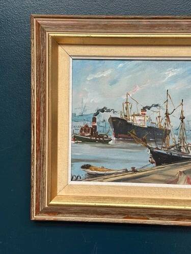 Oil on Canvas “Ships” by Josef Lang, Signed, Vintage & Framed 40×34cm