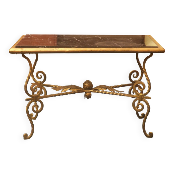 Table basse en fer forgé et marbre voilé, années 1940-50.