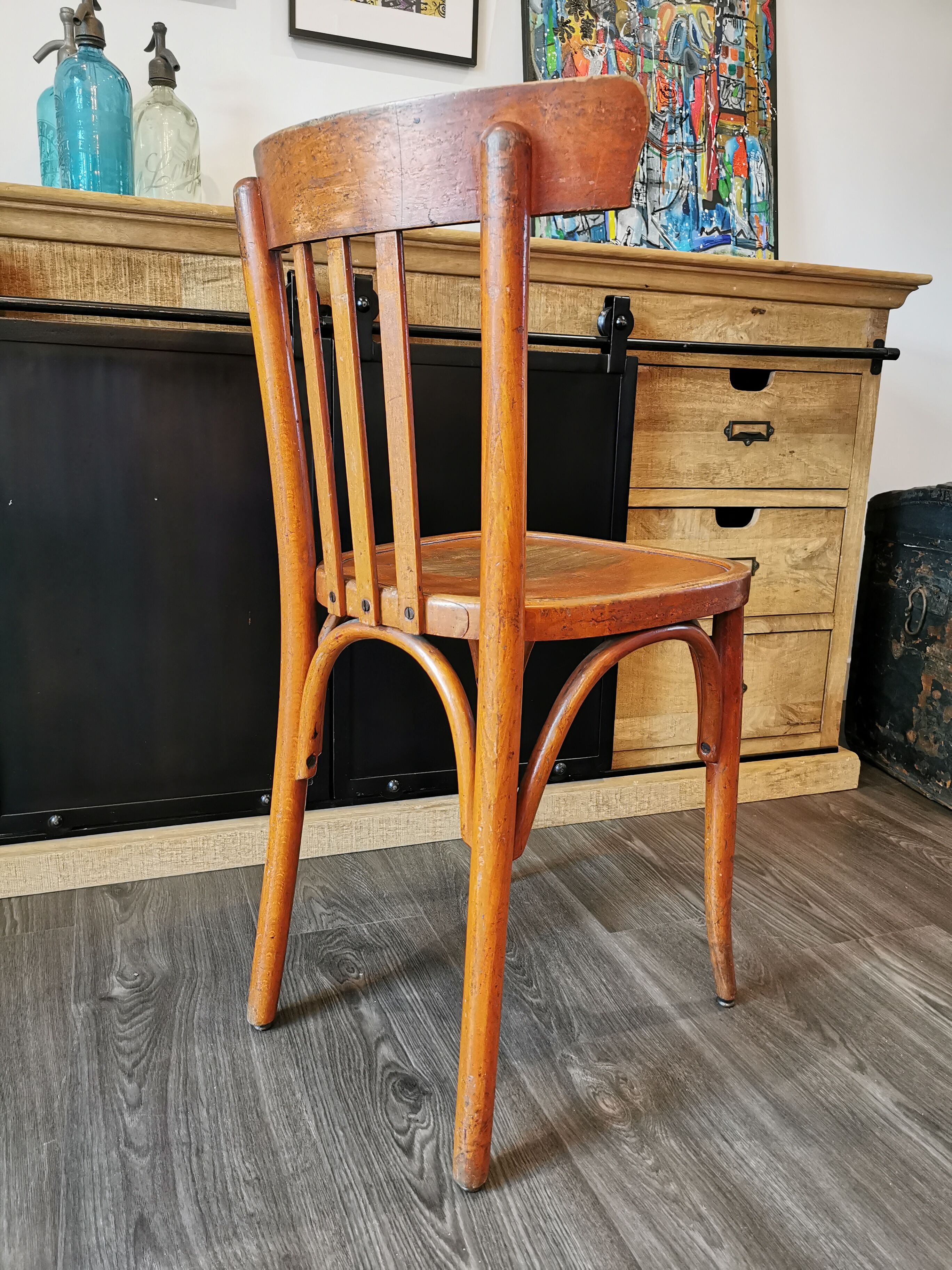 Series of 6 mismatched bistro chairs Baumann and Mahieu