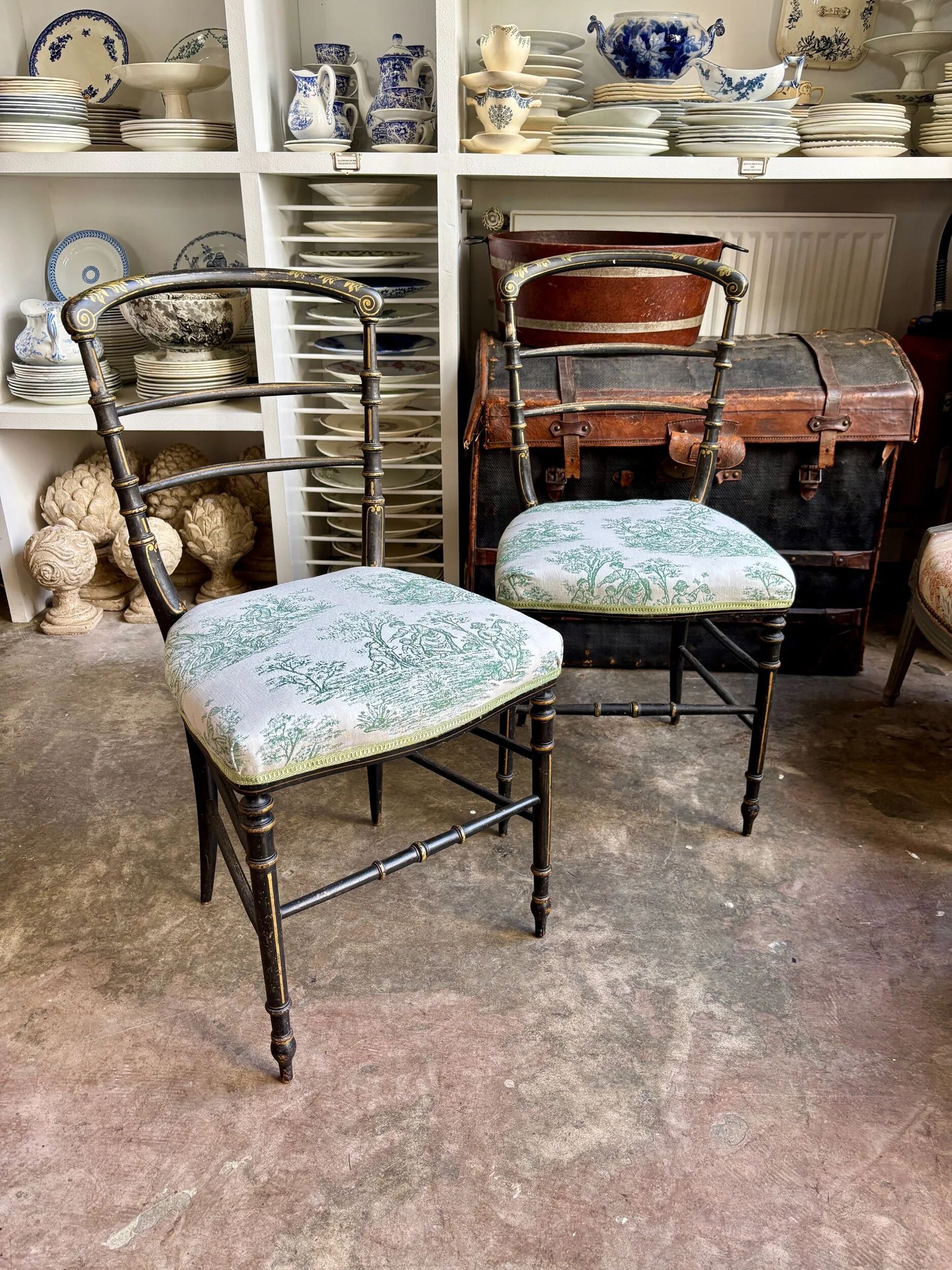 Napoleon III chair in blackened wood and green toile de Jouy.