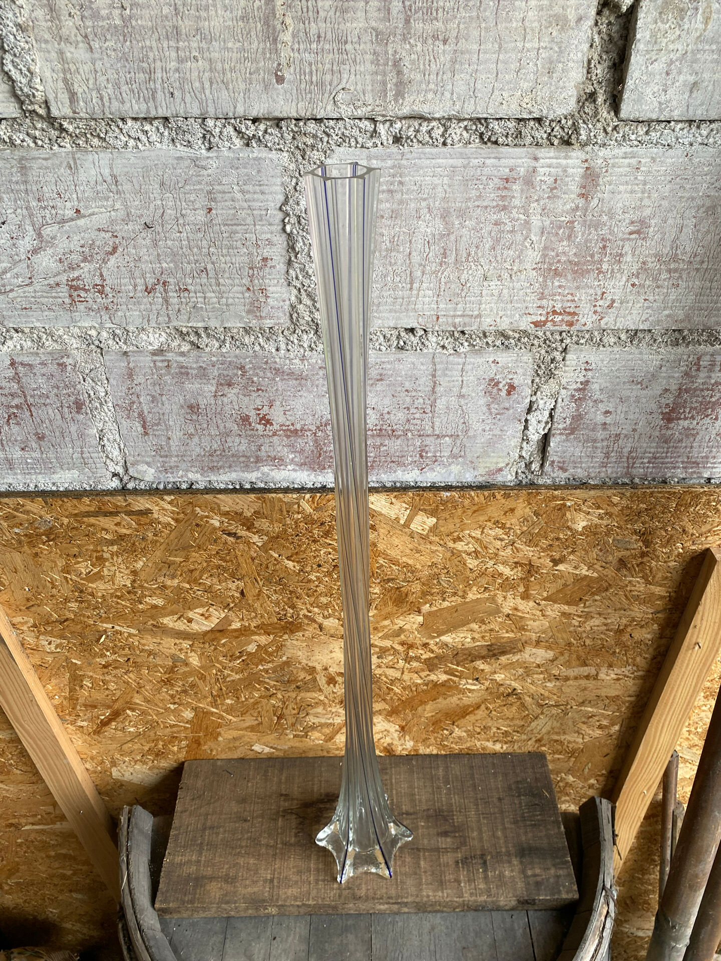 Large Antique Glass Flower Vase + Vertical Blue Lines 80cm Vintage