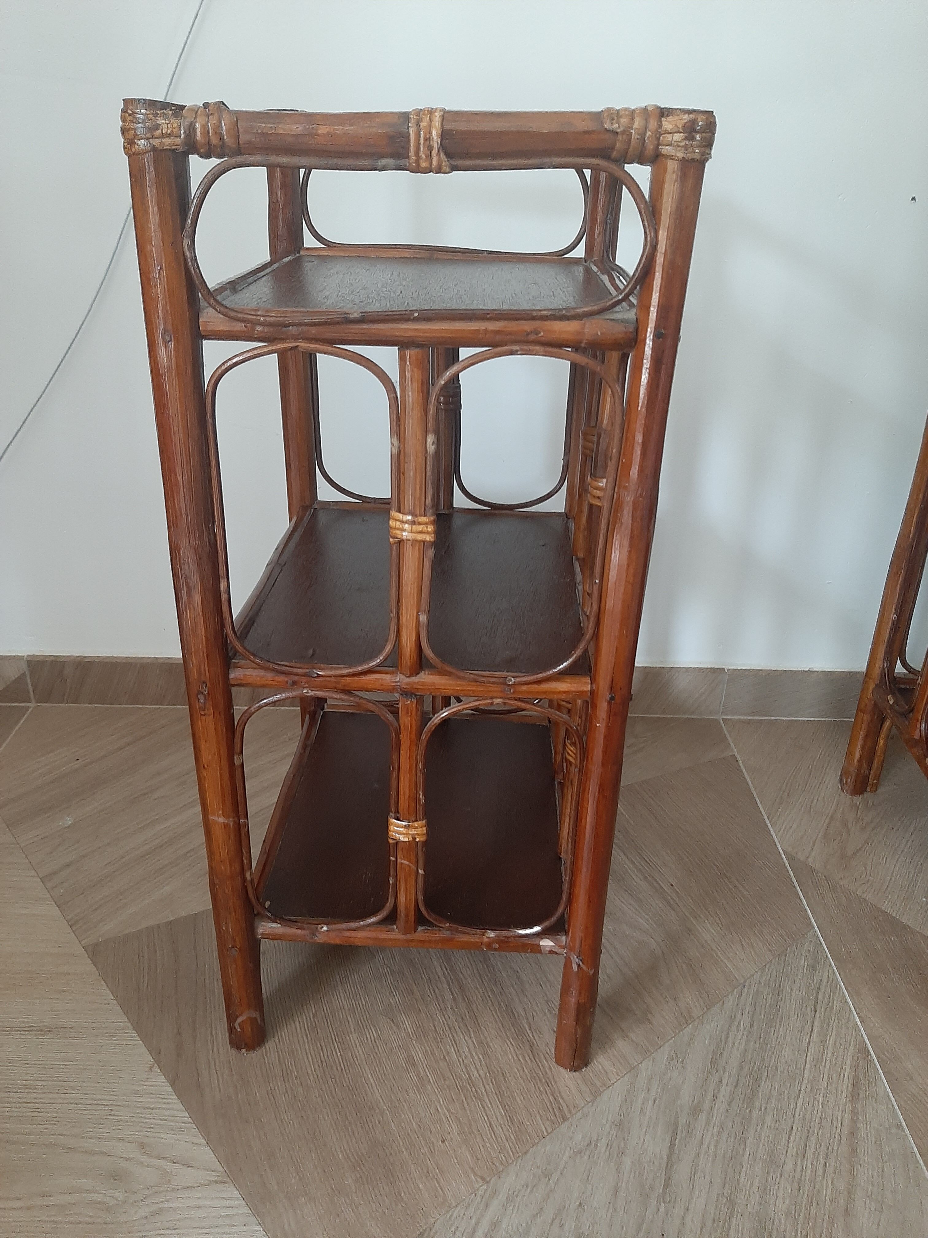 Vintage - set of 2 shelves of wooden floor, bamboo and rattan - 3 levels- retro 80s