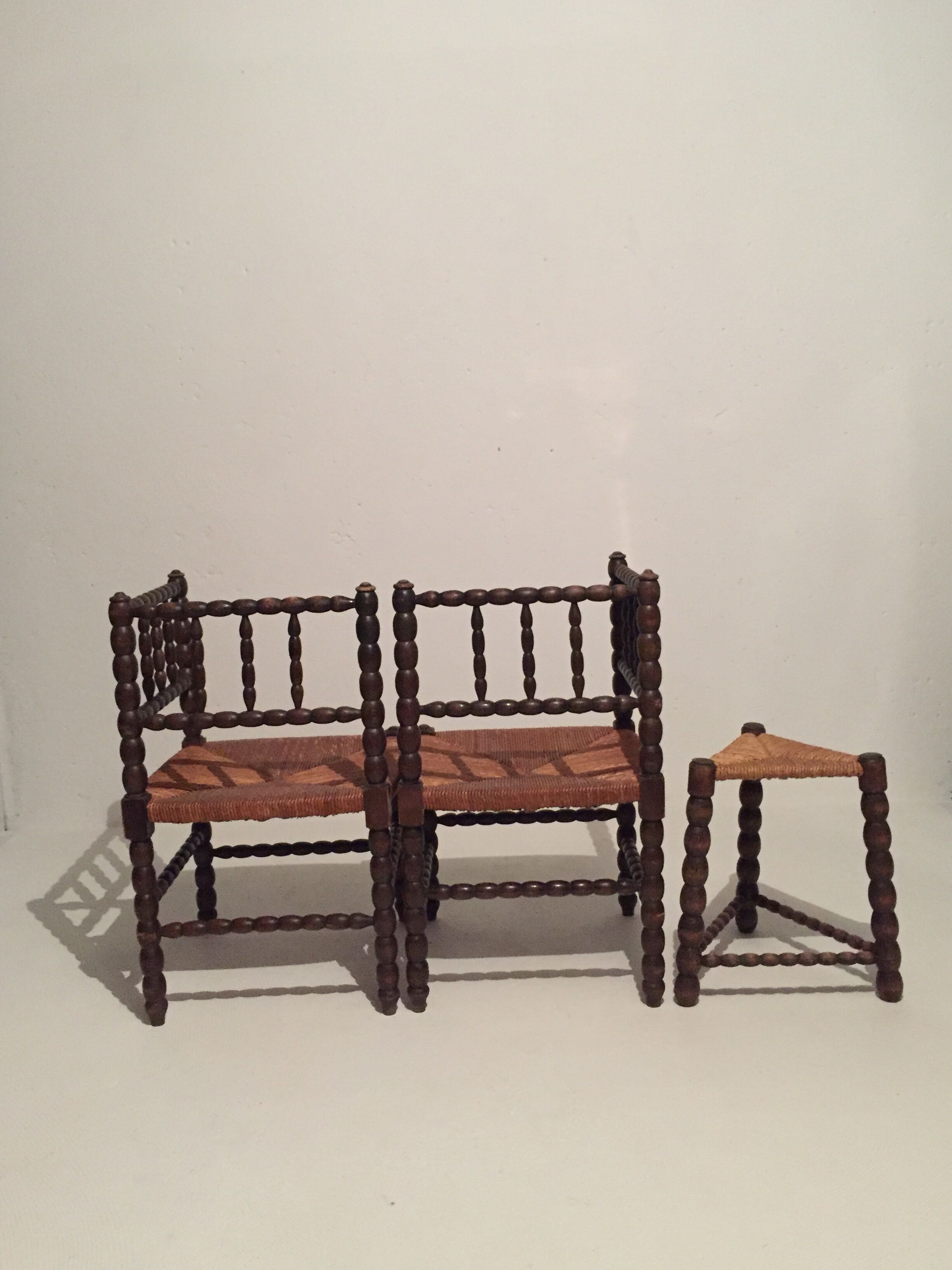 French armchair chairs and tripod stool