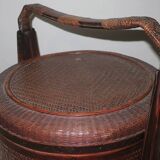 Antique basket in wood and rattan with 3 sections, 1900