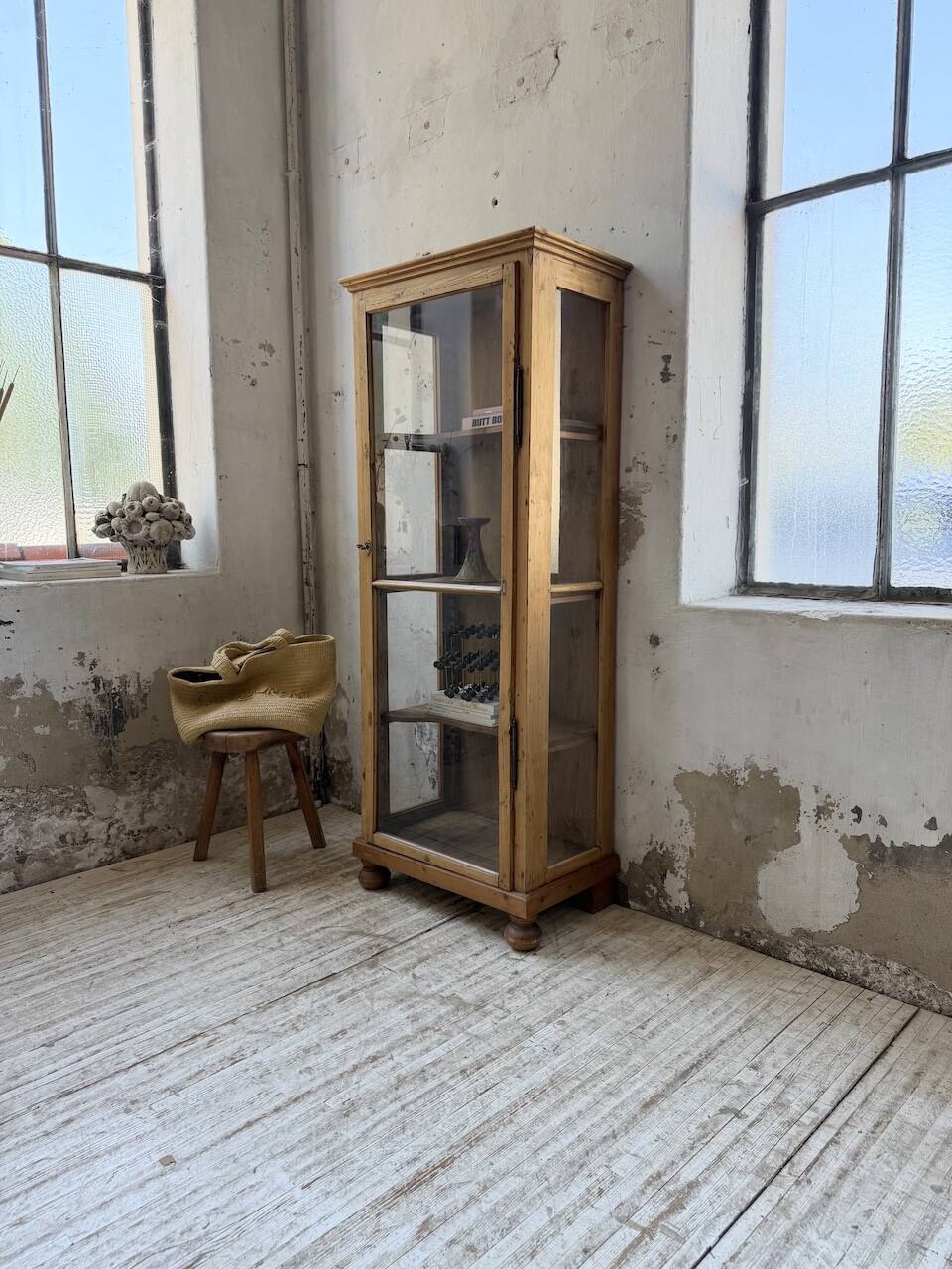 19th-century English pine display cabinet