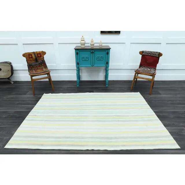 1970s Vintage Turkish Hand-Knotted Wool Cotton MultiColor Kilim Rug 147x217