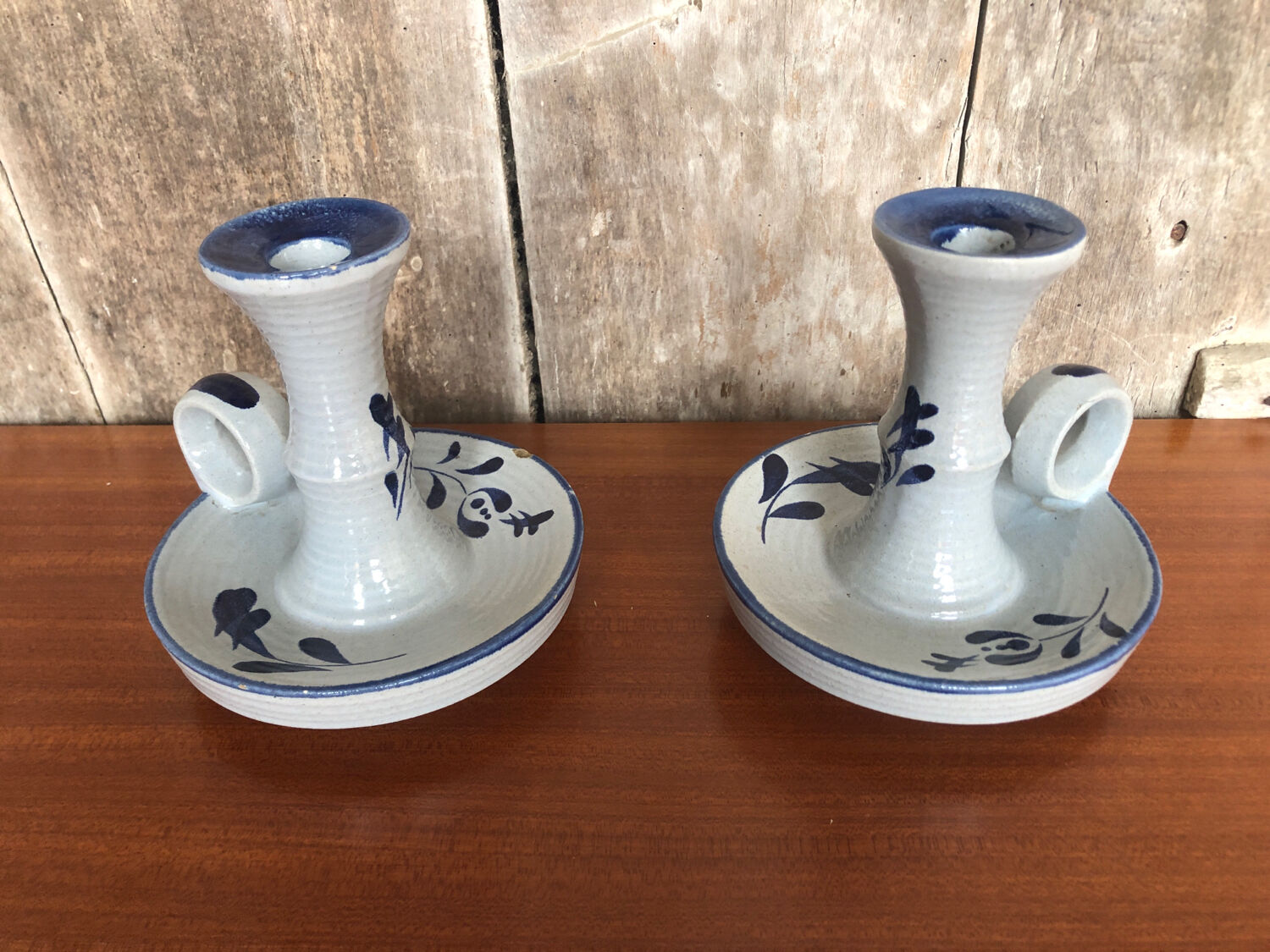 Old pair of hand candlesticks st clément céramique bleue france #a266