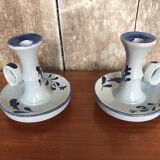 Old pair of hand candlesticks st clément céramique bleue france #a266