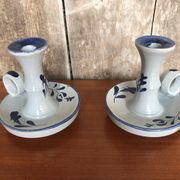 Old pair of hand candlesticks st clément céramique bleue france #a266