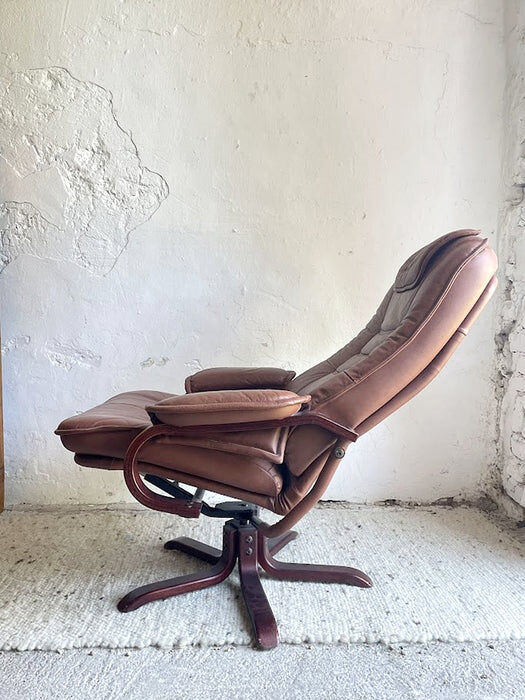 Scandinavian brown leather recliner lounge chair with ottoman, circa 1990