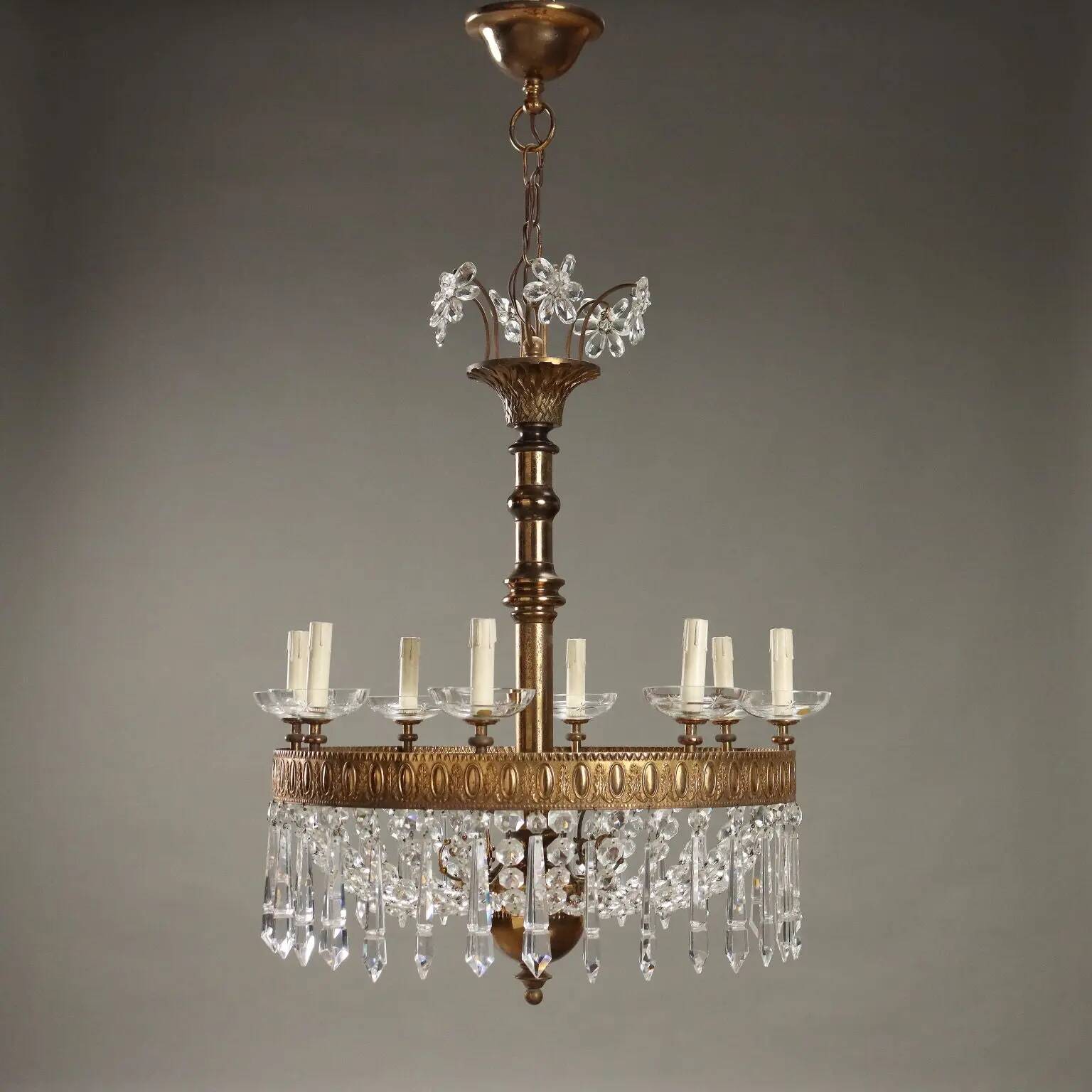 Lustre ancien style Empire en verre et métal doré, Italie, XXe siècle