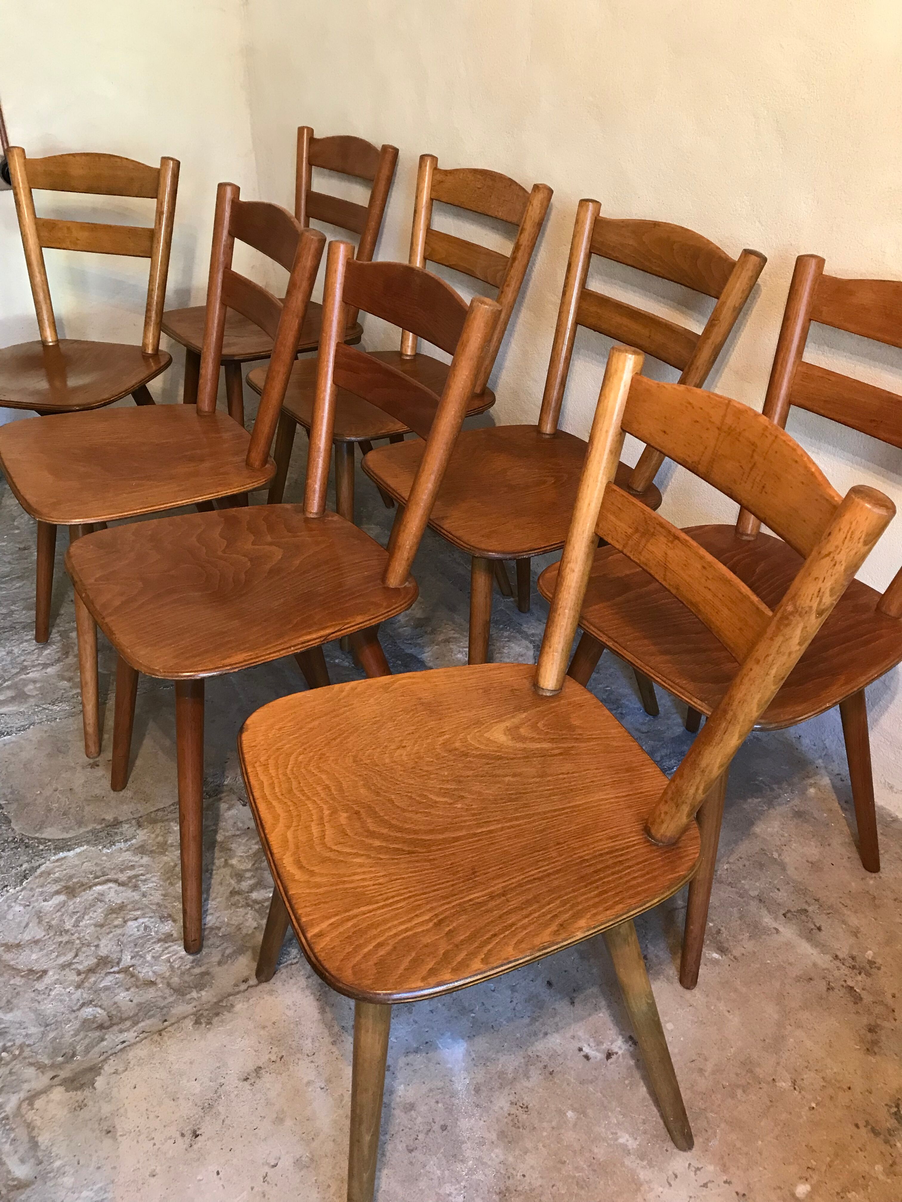 Set of 8 vintage beech chairs compass feet 1960's