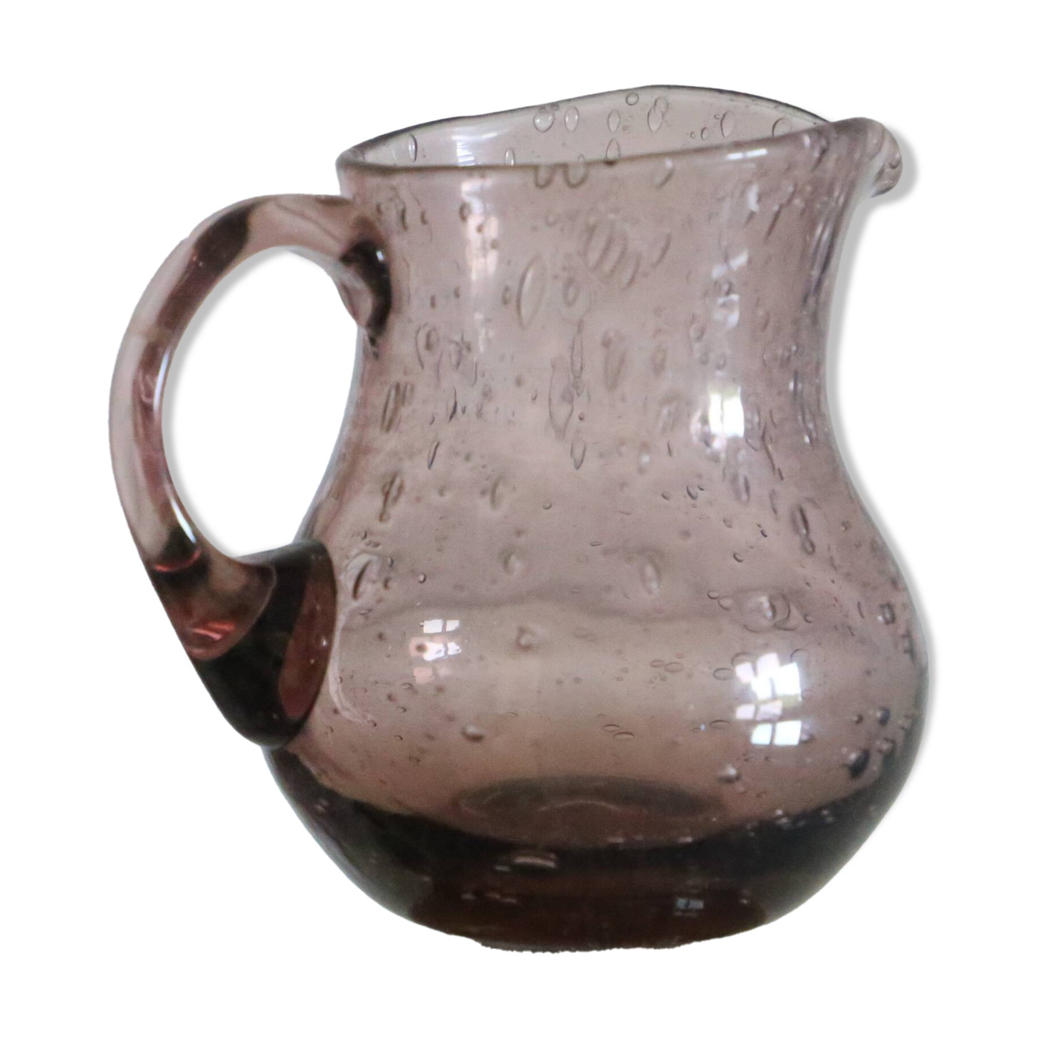 Milk jug, creamer, Biot in bubbled glass, handcrafted, purple, vintage