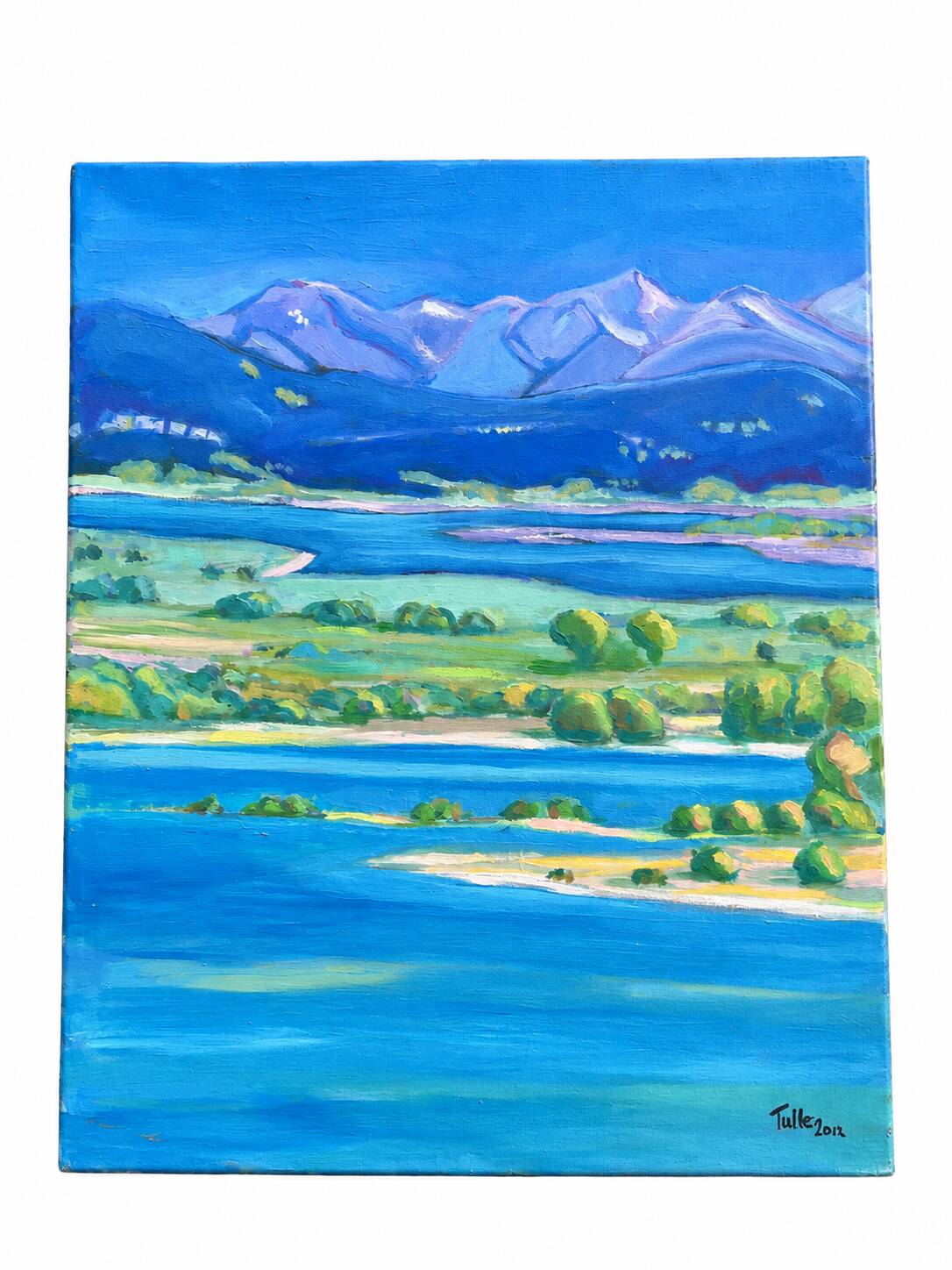 Mountain and lake landscape tableau – Canvas painting signed Tuller 2012