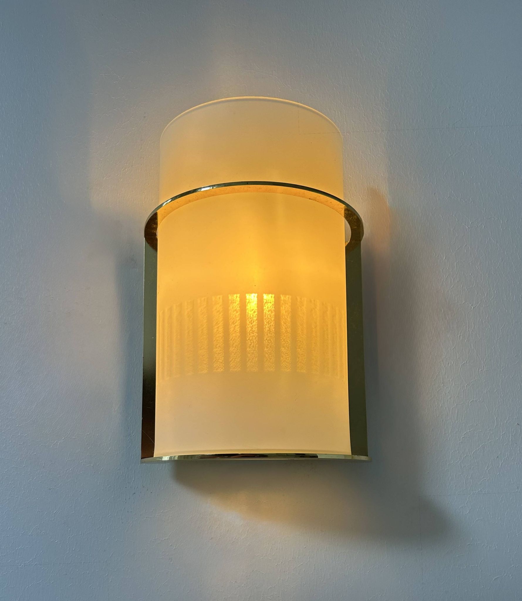 Pair of vintage brass and sandblasted glass wall lights, France 1970