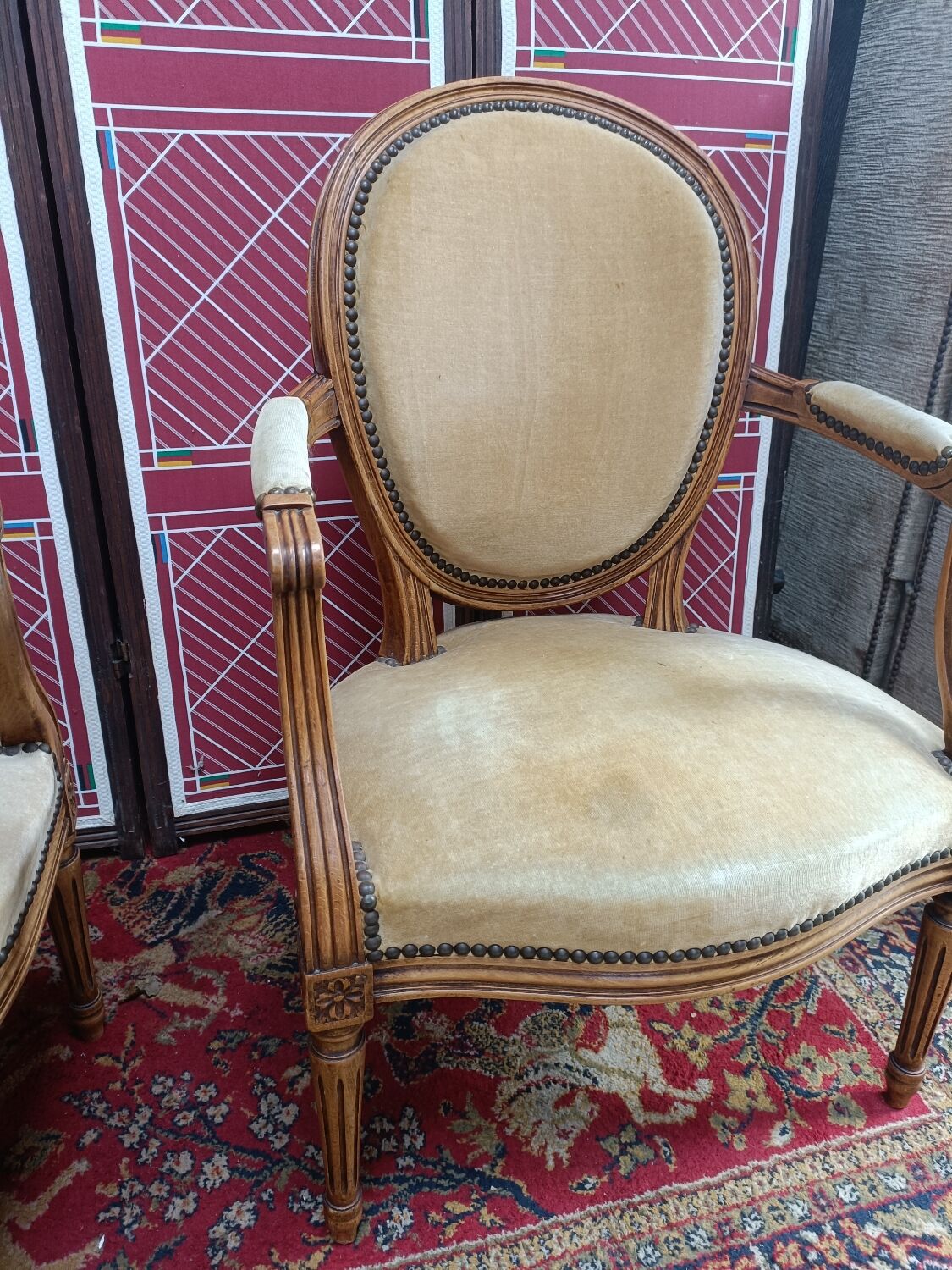 Pair of armchairs medallion Louis XV style, yellow velvet
