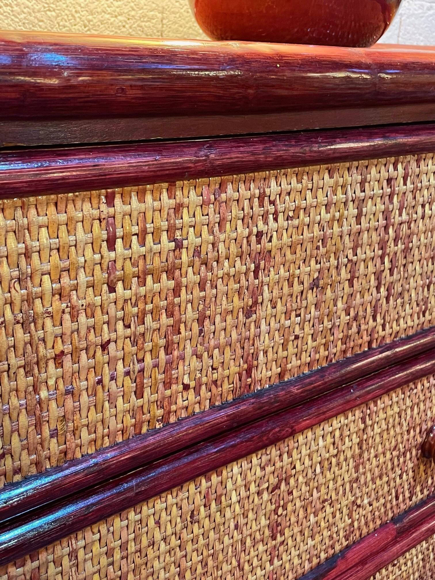 Wood and rattan commode Maugrion vintage 1980s