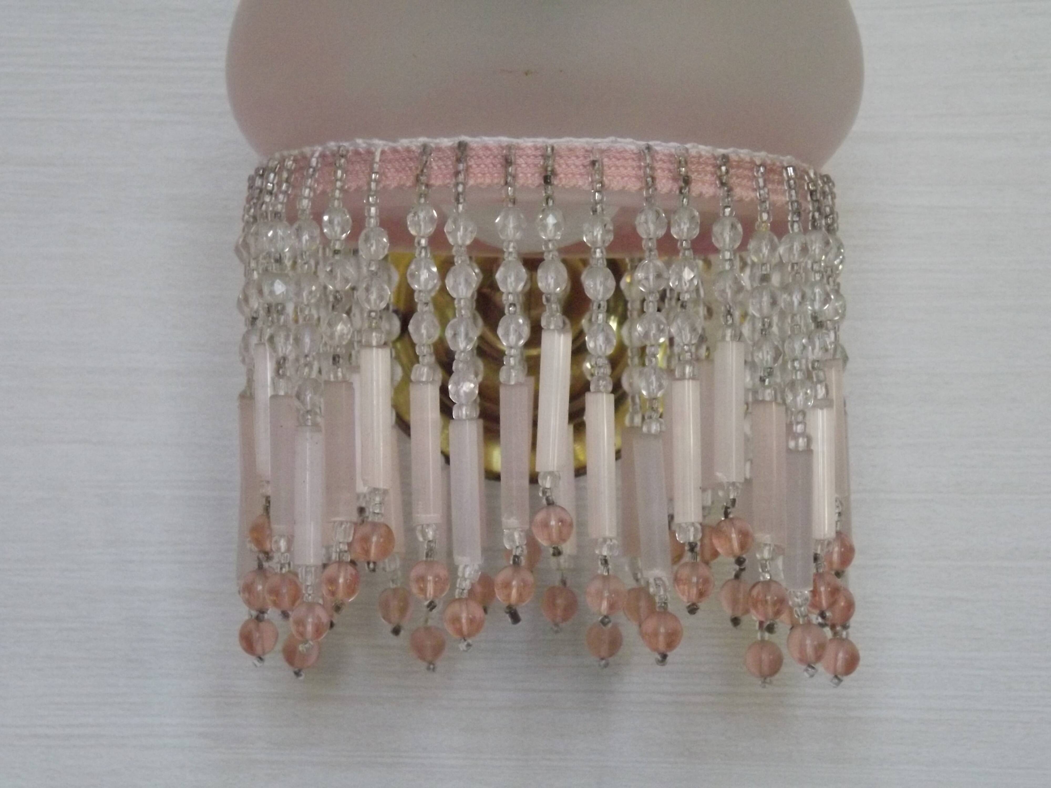 Pair of French Vintage Gold Wall Lights Pink Glass Beaded Fringe Shades