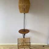Wrought iron floor lamp with magazine holder and sisal shade, 1950s
