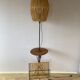 Wrought iron floor lamp with magazine holder and sisal shade, 1950s